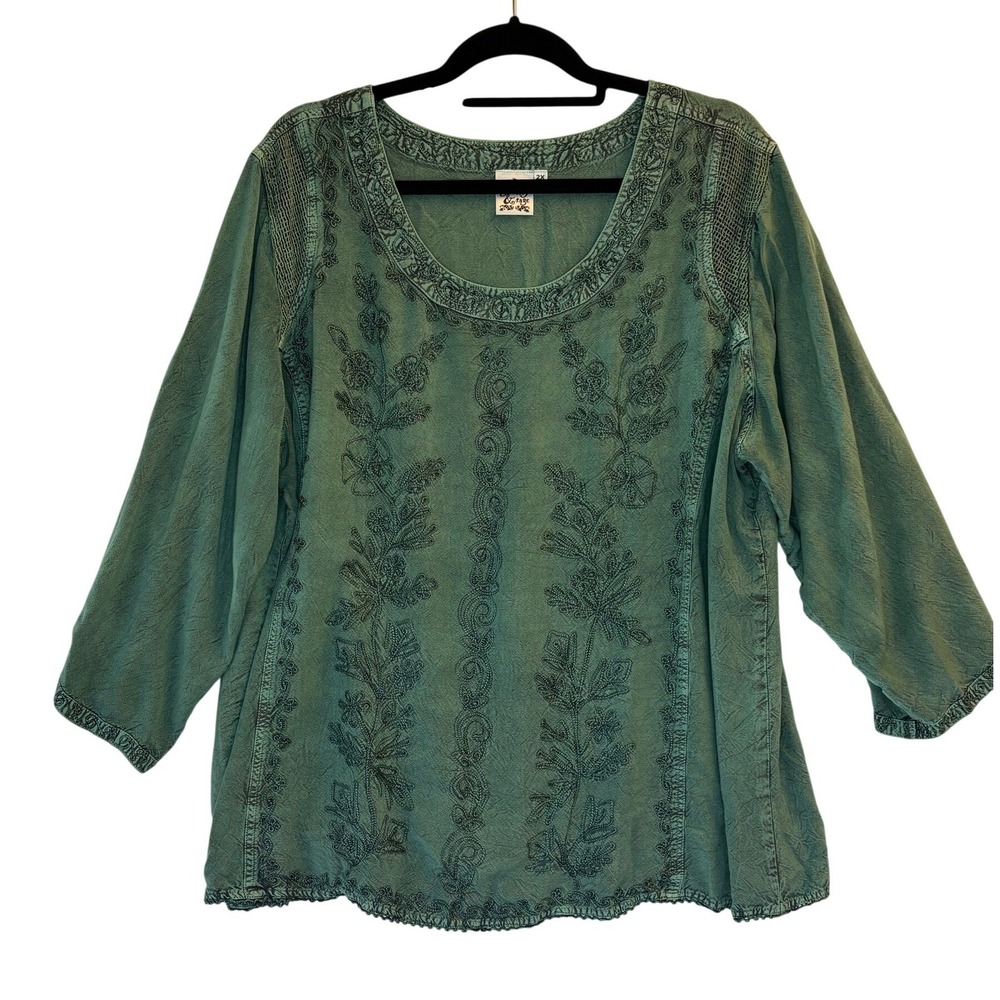 Parsley & Sage Blouse 2X Women Green Boho Embroidered 3/4 Sleeve Top Scoop Neck
